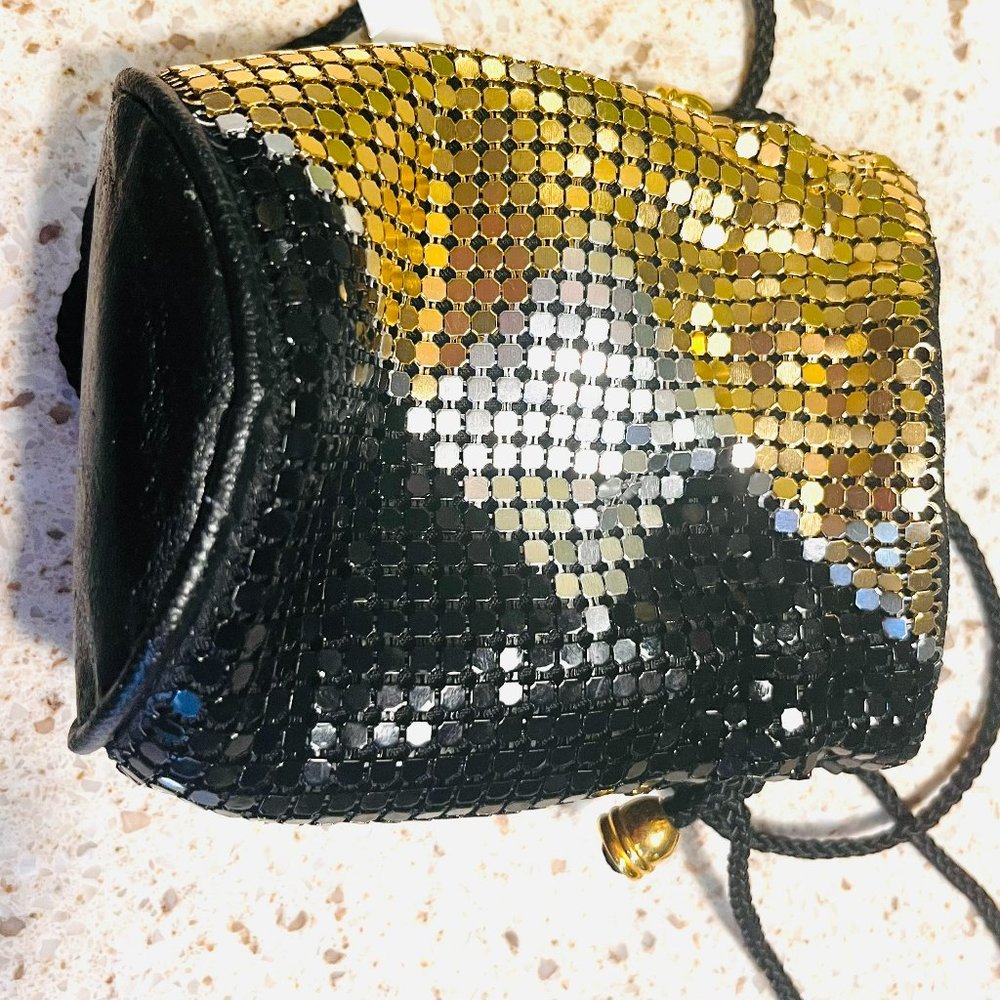 Vintage Black Gold Mesh Evening Mini Bucket Bag Leather Lined 1970s